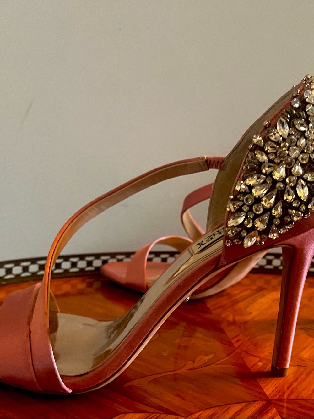 Badgley Mischka Pink Satin Crystal Heel Sandals